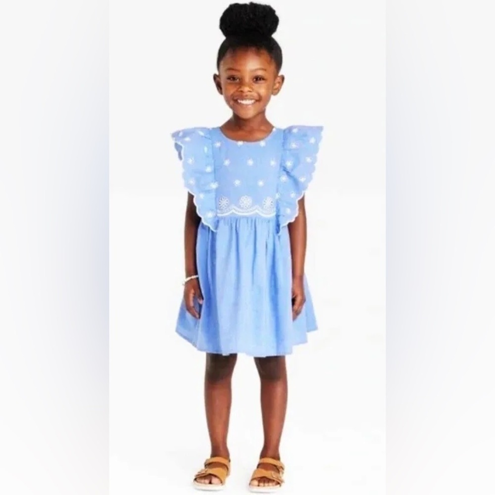 Cat & Jack Girls' Chambray Lace Dress Blue W/ White Floral Embroidery 3t nwot